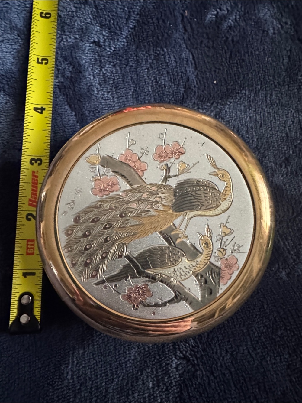 Decorative Peacock Round Trinket Box in 24k gold trim